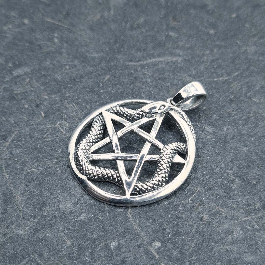 Side shot of Sterling Silver Pentagram With Intertwined Snake Pendant
