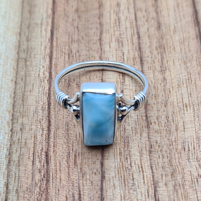 Front shot of 925 Sterling Silver Rectangle Larimar Ring