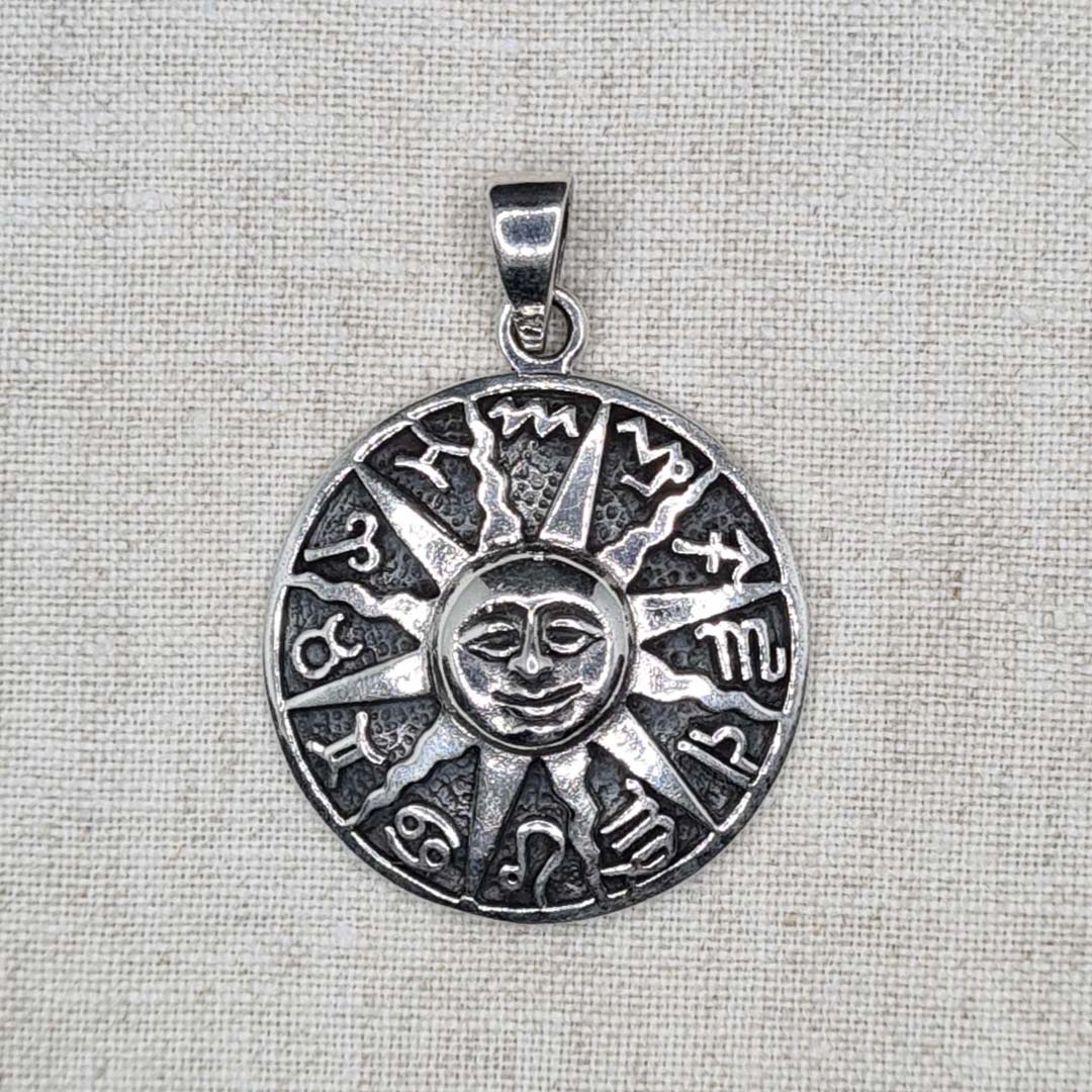 Front shot of 925 Sterling Silver Sun with Zodiac Symbols Pendant