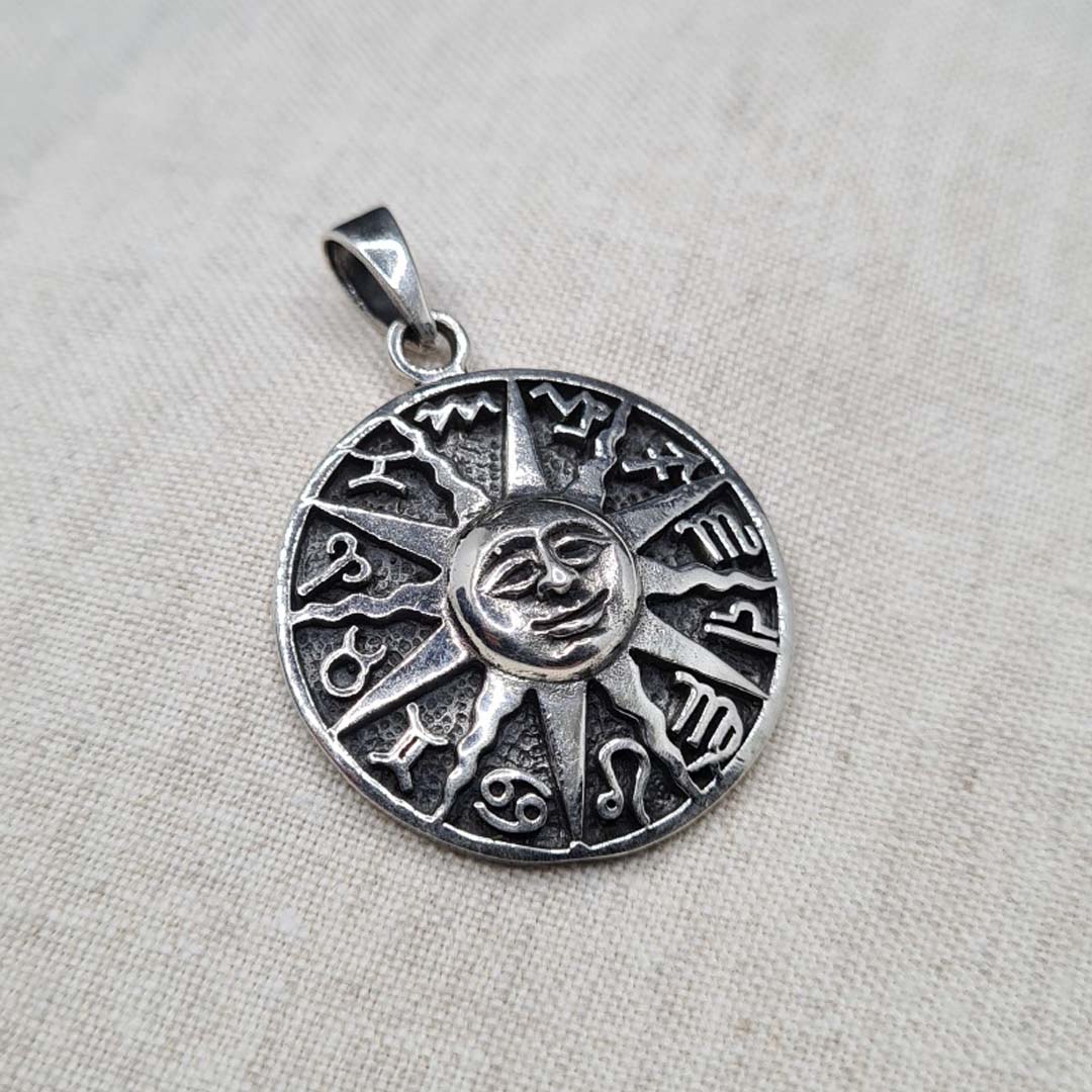 Side shot of 925 Sterling Silver Sun with Zodiac Symbols Pendant