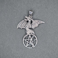 Front shot of 925 Sterling Silver Towering Dragon on Pentagram Pendant