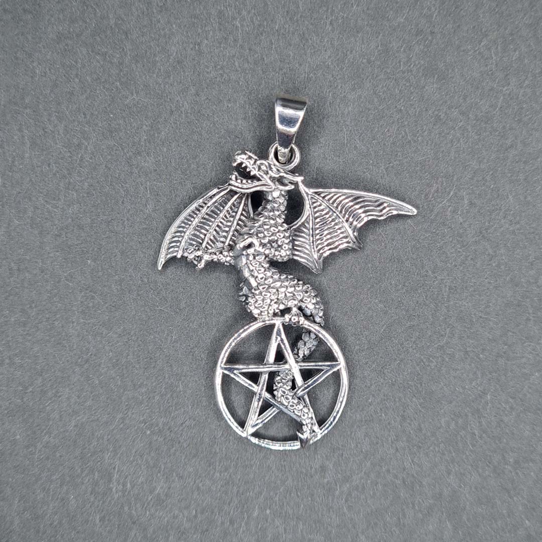 Front shot of 925 Sterling Silver Towering Dragon on Pentagram Pendant
