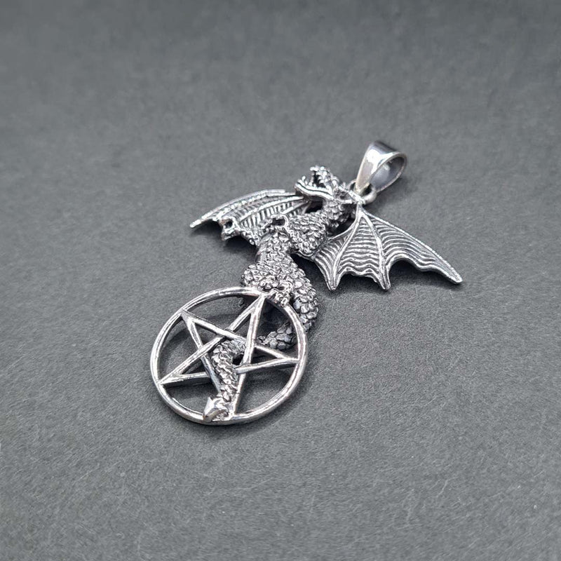Side shot of 925 Sterling Silver Towering Dragon on Pentagram Pendant