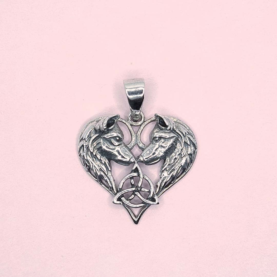 Front shot of Sterling Silver Twin Soul Wolf Amulet Pendant with triquetra 