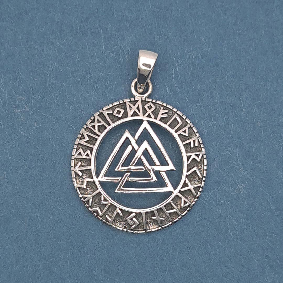 Front shot of 925 Sterling Silver Valknut With Norse Runes Pendant