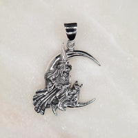 Front shot of 925 Sterling Silver Witch & Cat on the Moon Pendant