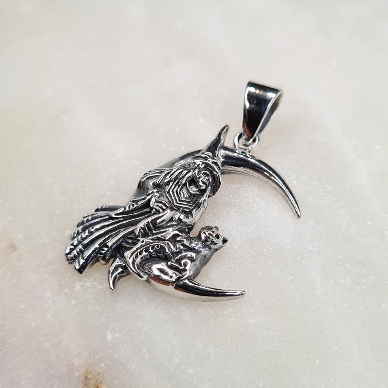 Side shot of 925 Sterling Silver Witch & Cat on the Moon Pendant